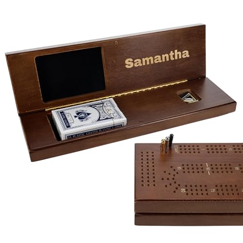 WE Games Custom Engraved Wooden Cribbage Game Set Walnut Stain Continuous 3 Track for 23 Players Travel Cribbage Board with Card Storage Classic Board Games for Adults - Image 1
