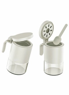 Excefore Glass Spice Jars Moisture-Proof Spice Containers with Spoons, Set of 2 10oz/300ml Spice Bottles, Mini Seasoning Storage Jars with Flapper Caps for Salt, Sugar, Peppers, Chili in Kitchen White  - Image 2