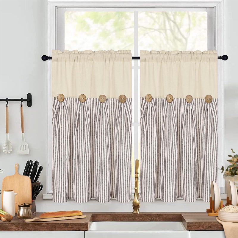 ASPMIZ Cotton Linen Kitchen Curtains 36 Inch Length  Farmhouse Rod Pocket Short Curtains for Window  Brown Stripe Small Window Curtain Boho Rustic Button Window Treatment Tiers for Bathroom  Cafe - Image 1