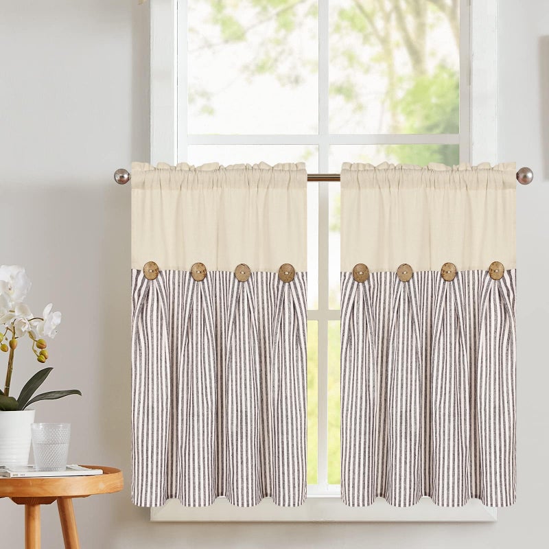 ASPMIZ Cotton Linen Kitchen Curtains 36 Inch Length  Farmhouse Rod Pocket Short Curtains for Window  Brown Stripe Small Window Curtain Boho Rustic Button Window Treatment Tiers for Bathroom  Cafe - Image 2