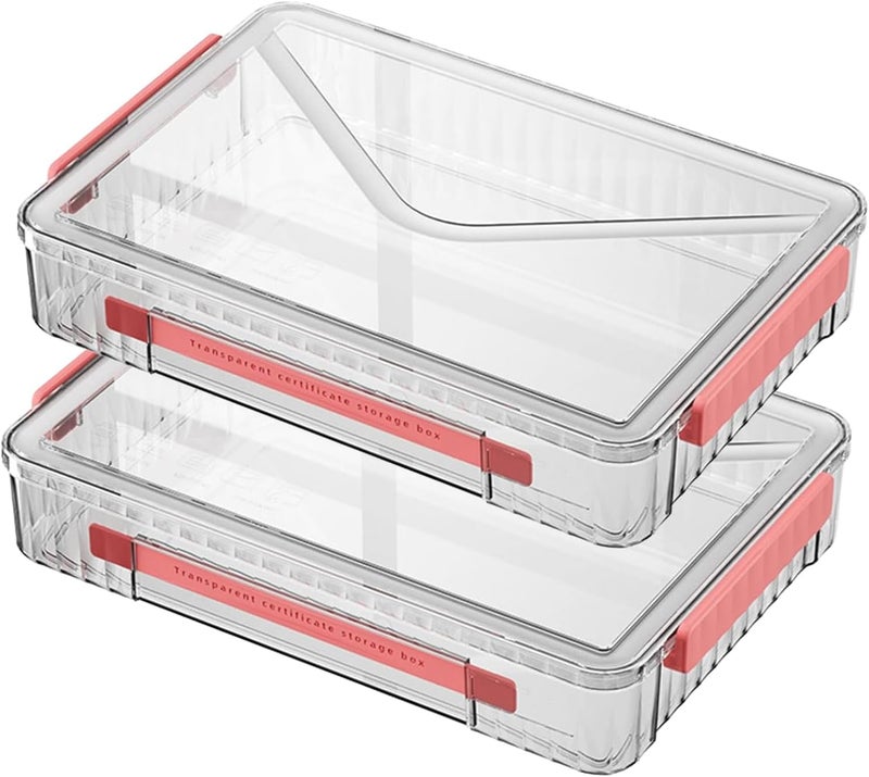 RHONZHAO 2 Pack Clear Plastic File Storage Boxes with Latching Lids, Transparent Certificate Organizer, Portable Project Case for Drawers, Clear Stackable File Box for A4 Files (‎Red Latches, Large) - Image 1