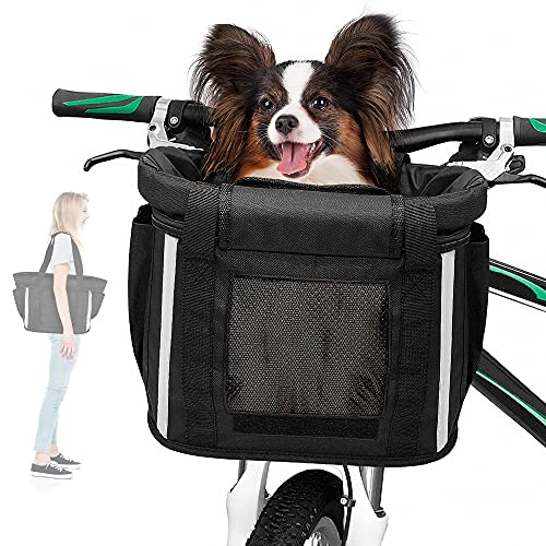 ANZOME Deluxe Pet Bike Basket, Adjustable Fit Front Handlebar Carrier with Reflective Stripes, Seatbelt, Breathable Mesh and Soft Mat for Small Pets, Quick Release - Image 1