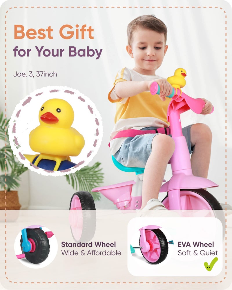 KRIDDO 2 in 1 Kids Tricycles Age 18 Month to 3 Years, EVA Wheels Upgraded, Gift, Trikes for Toddlers 2 to 3 Year Old with Push Handle and Duck Bell, Pink - Image 4