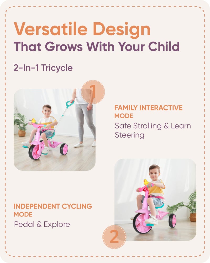 KRIDDO 2 in 1 Kids Tricycles Age 18 Month to 3 Years, EVA Wheels Upgraded, Gift, Trikes for Toddlers 2 to 3 Year Old with Push Handle and Duck Bell, Pink - Image 3