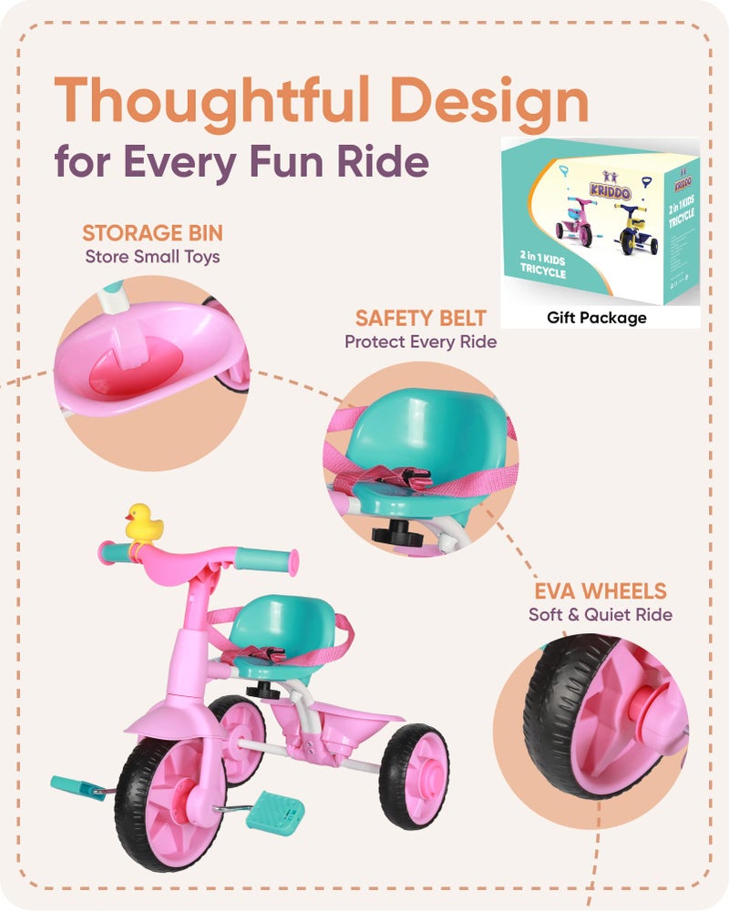 KRIDDO 2 in 1 Kids Tricycles Age 18 Month to 3 Years, EVA Wheels Upgraded, Gift, Trikes for Toddlers 2 to 3 Year Old with Push Handle and Duck Bell, Pink - Image 5