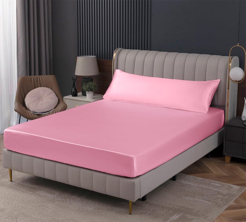 Homiest Pink Satin Fitted Sheet Queen Size Fitted Bed Sheet  Deep Pocket Fitted Sheet Only  Luxury & Ultra Soft Bedding Fitted Sheet Single Bottom Bed Sheets Sold Separately - Image 1