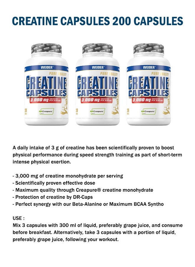 Weider - Creatine Capsules 3.000mg Creatine per Servings, (Creapure) 200 Capsules - Image 1