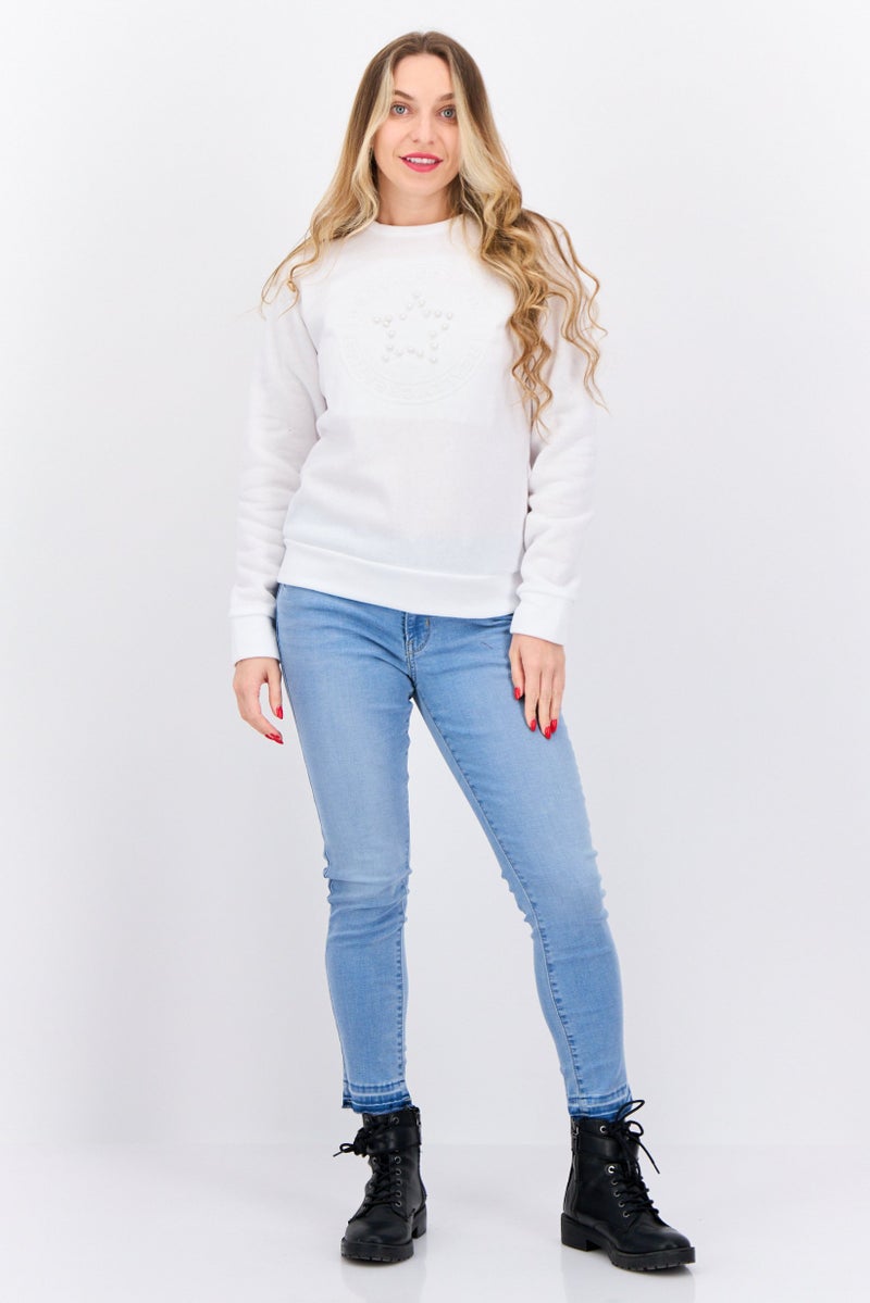 Buzz سويت شيرت نسائي بأكمام طويلة وبتصميم دائري، أبيض - Image 4