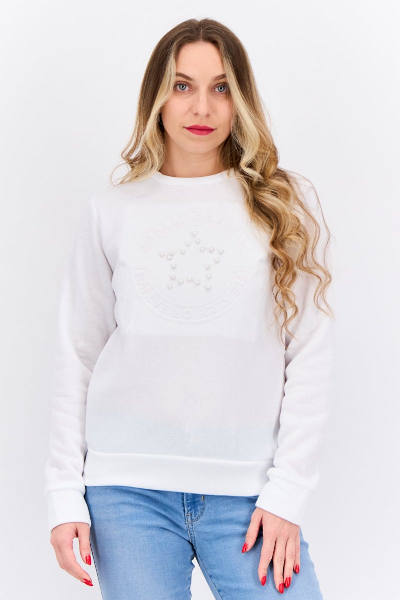 Buzz سويت شيرت نسائي بأكمام طويلة وبتصميم دائري، أبيض - Image 1
