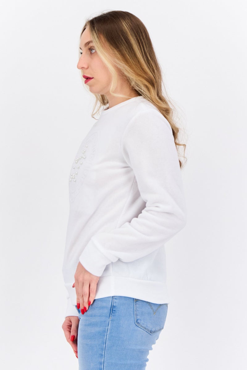 Buzz سويت شيرت نسائي بأكمام طويلة وبتصميم دائري، أبيض - Image 2