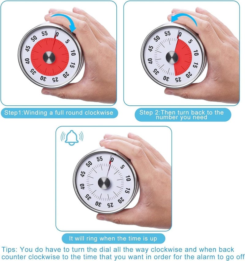 Pamidhar Multipurpose Mechanical Timer with Magnet 60Minute Stainless Steel Countdown Timer for Kitchen Teaching Meetings and Games - Image 2