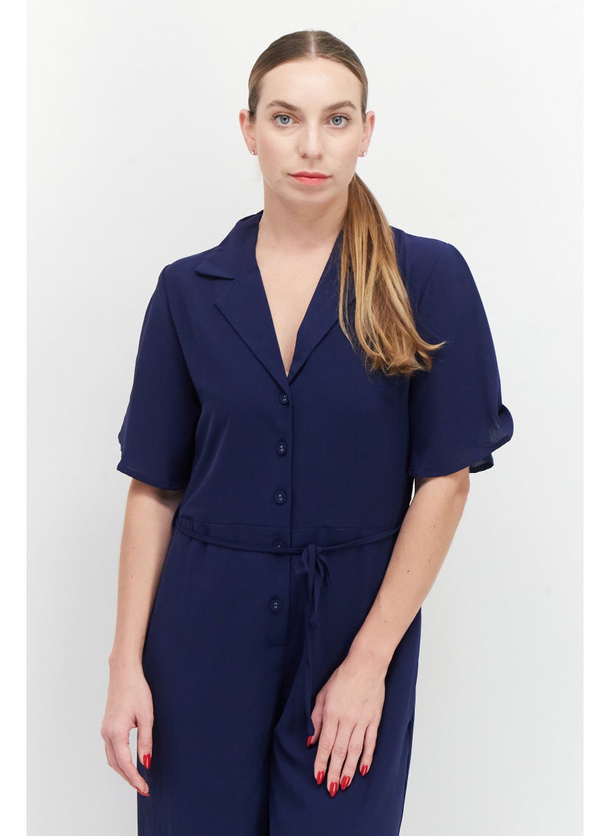French Connection - Women Plain Short Sleeve Jumpsuit, Navy - Image 1