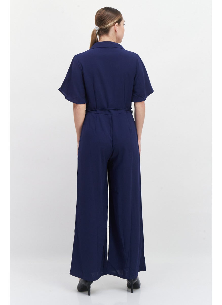 French Connection - Women Plain Short Sleeve Jumpsuit, Navy - Image 1