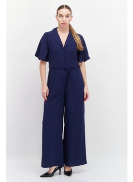 Women Plain Short Sleeve Jumpsuit, Navy