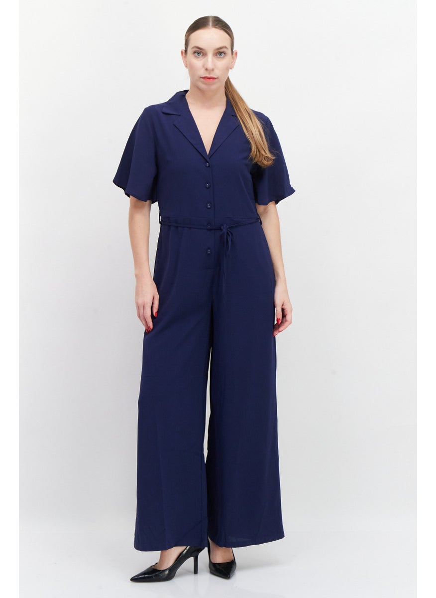 French Connection - Women Plain Short Sleeve Jumpsuit, Navy - Image 1
