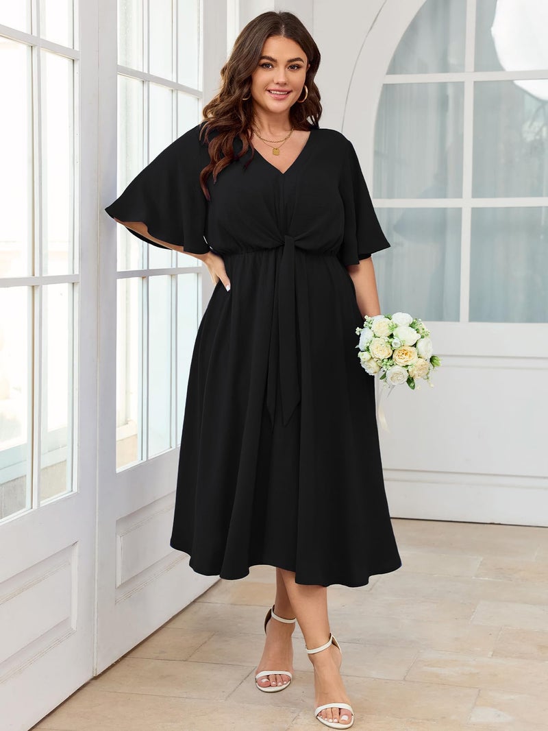 SCOMCHIC Women Plus Size Midi Dresses Wedding Guest Short Sleeve V Neck Tie Waist Casual Summer Flowy A Line Dress Black - Image 2