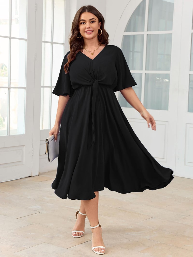 SCOMCHIC Women Plus Size Midi Dresses Wedding Guest Short Sleeve V Neck Tie Waist Casual Summer Flowy A Line Dress Black - Image 5