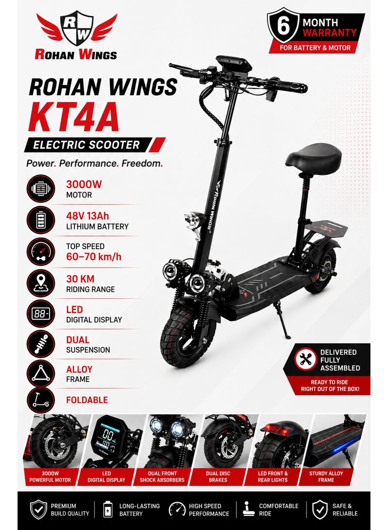 ROHAN WINGS KT-4A Electric Scooter 2026 Model 3000W Motor 48V 13Ah Lithium Battery 60-70 km/h Top Speed Foldable with Dual Suspension Black - Image 2