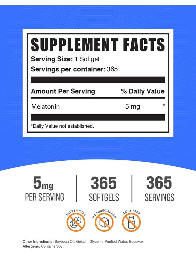 بالك سابلمنتس كبسولات ميلاتونين 5 مجم من BulkSupplements.com - ميلاتونين للبالغين، مكمل غذائي للنوم - 5 مجم ميلاتونين لكل وجبة، خالٍ من الجلوتين، كبسولة هلامية واحدة لكل وجبة، 365 كبسولة (عبوة واحدة)  - Image 2