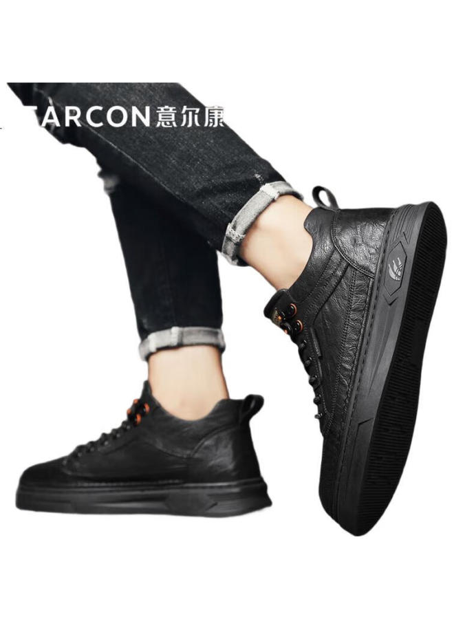 YEARCON Men'S Casual Leather Shoes, British Style Versatile Sneakers, High-Top Lightweight Lace-Up Shoes For Men, E53304346, Black, Size 44 - Image 1