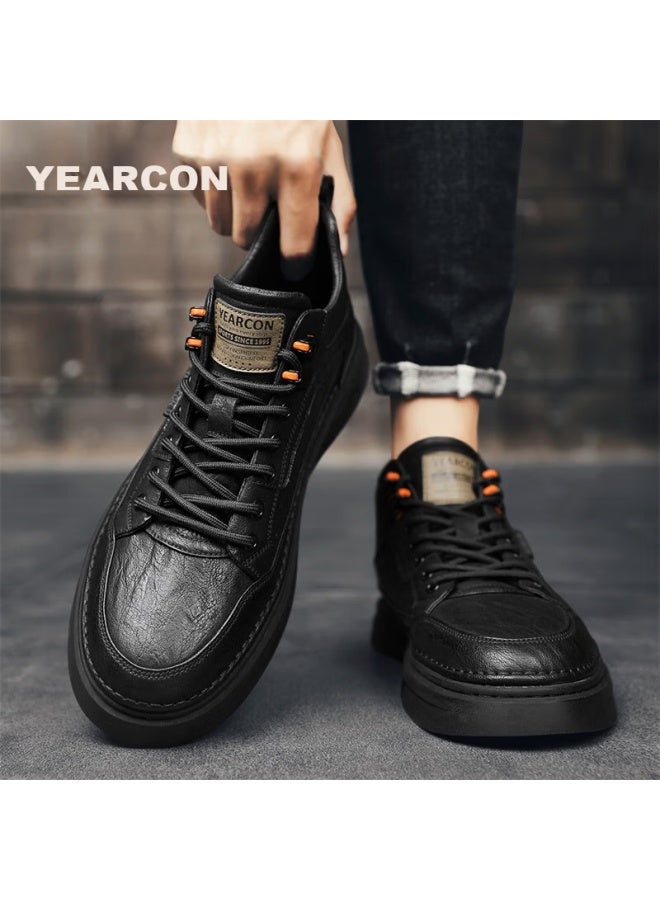 YEARCON Yierkang Men's Casual Leather Shoes, British Style Versatile Sneakers, High-top Lightweight Lace-up Shoes For Men, E53304346, Black, Size 44 - Image 2