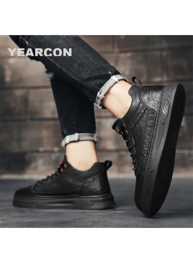 YEARCON Yierkang Men's Casual Leather Shoes, British Style Versatile Sneakers, High-top Lightweight Lace-up Shoes For Men, E53304346, Black, Size 44 - Image 3