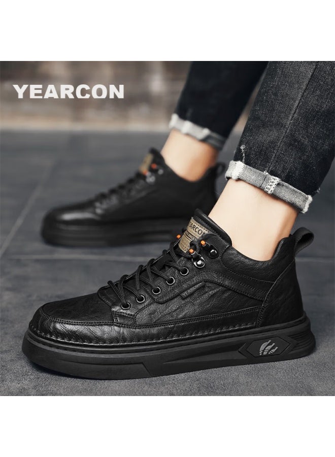 YEARCON Yierkang Men's Casual Leather Shoes, British Style Versatile Sneakers, High-top Lightweight Lace-up Shoes For Men, E53304346, Black, Size 44 - Image 1