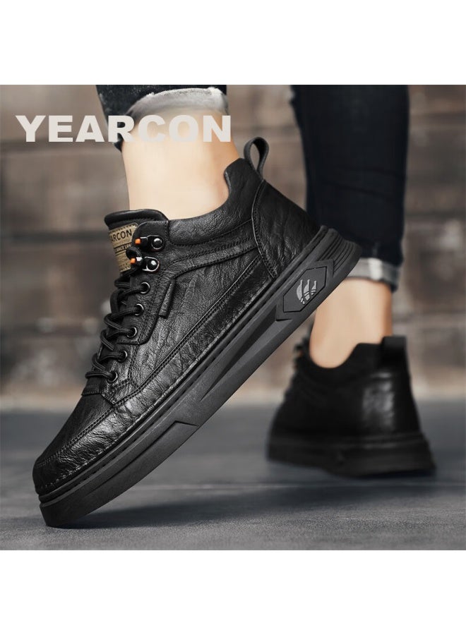 YEARCON Yierkang Men's Casual Leather Shoes, British Style Versatile Sneakers, High-top Lightweight Lace-up Shoes For Men, E53304346, Black, Size 44 - Image 5