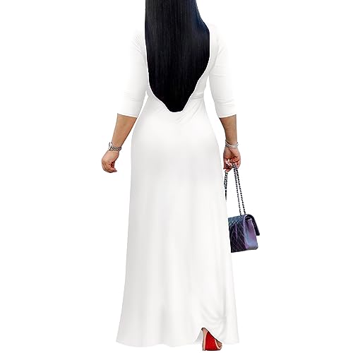 FANDEE Women's 2026 Maxi Dress - Solid Color Bohemian Summer Long Maxi Dress V-Neck 3/4 Sleeve White 3XL - Image 4
