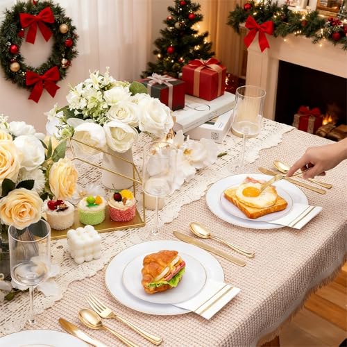 KIRE 350 PCS White and Gold Plates Disposable Elegant Dinnerware Set of 50 Guest White Plastic Plates With Gold Rim Pre Rolled Napkins with Silverware Cups for Thanksgiving PartyWedding - Image 5