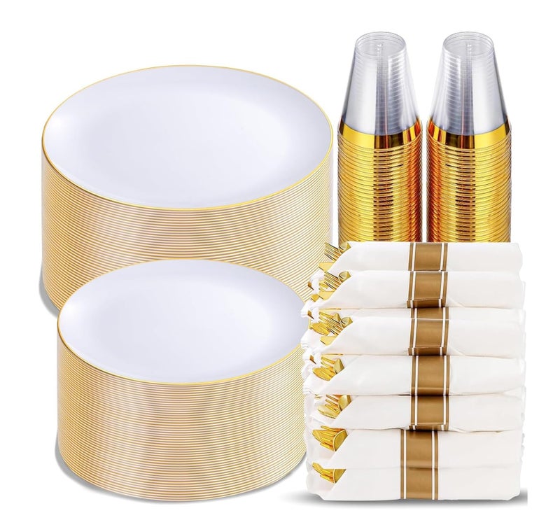 KIRE 350 PCS White and Gold Plates Disposable Elegant Dinnerware Set of 50 Guest White Plastic Plates With Gold Rim Pre Rolled Napkins with Silverware Cups for Thanksgiving PartyWedding - Image 3