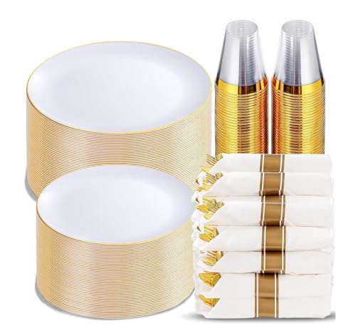 KIRE 350 PCS White and Gold Plates Disposable Elegant Dinnerware Set of 50 Guest White Plastic Plates With Gold Rim Pre Rolled Napkins with Silverware Cups for Thanksgiving PartyWedding - Image 2