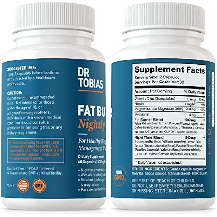 Dr. Tobias Fat Burner Nightly, Night Time Metabolic Support with White Kidney Bean Extract, Ashwagandha Root, Green Coffee Bean Extract & Melatonin, Non-GMO, 60 Capsules (30 Day Supply) - Image 5