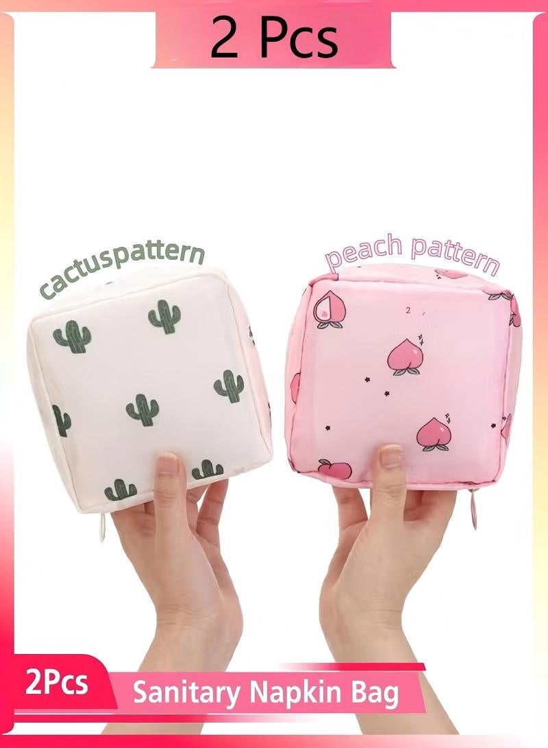 حقيبة تخزين سفر محمولة مقاومة للماء من قطعتين - منظم متعدد الأغراض للفوط الصحية وأحمر الشفاه وحقيبة مستحضرات التجميل الصغيرة ولوازم النظافة، حقيبة صغيرة أنيقة للنساء والفتيات، لون الخوخ الوردي/الصبار الأبيض - Image 1