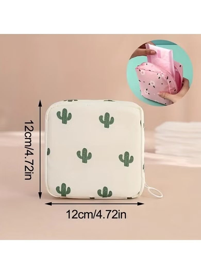 حقيبة تخزين سفر محمولة مقاومة للماء من قطعتين - منظم متعدد الأغراض للفوط الصحية وأحمر الشفاه وحقيبة مستحضرات التجميل الصغيرة ولوازم النظافة، حقيبة صغيرة أنيقة للنساء والفتيات، لون الخوخ الوردي/الصبار الأبيض - Image 3