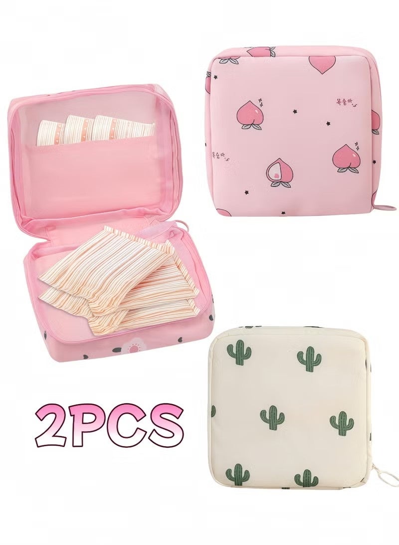 2pc Portable Waterproof Travel Storage Bag - Multi-Purpose Organizer for Sanitary Pads, Lipstick, Mini Cosmetic Bag, and Toiletries, Small Elegant Pouch for Women and Girls,Pink Peach/White Cactus - Image 1