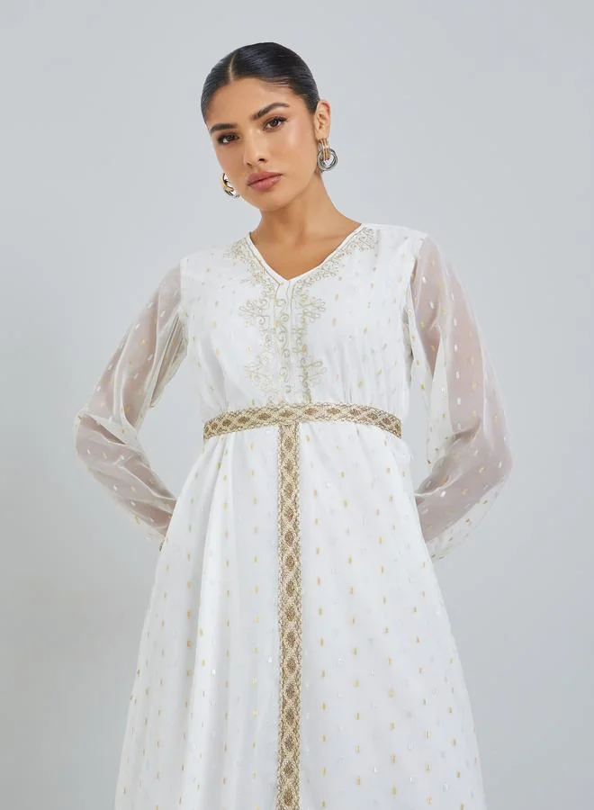 Amirah White Lurex V Neck Jalabiya with Lace Detail