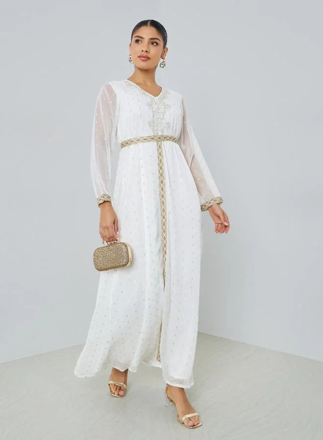 Amirah White Lurex V Neck Jalabiya with Lace Detail