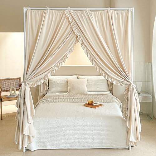 AIKASY Princess Canopy Bed Curtains with Top Ties - Windproof & Lightproof for Girls' Adult Bedroom Decor | Bed Canopy Drapes (Full,Khaki) - Image 2