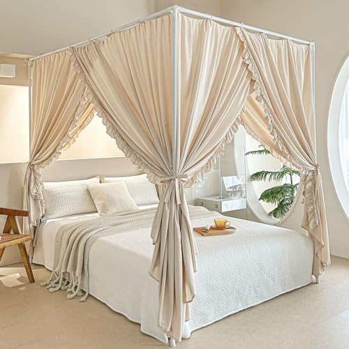 AIKASY Princess Canopy Bed Curtains with Top Ties - Windproof & Lightproof for Girls' Adult Bedroom Decor | Bed Canopy Drapes (Full,Khaki) - Image 1
