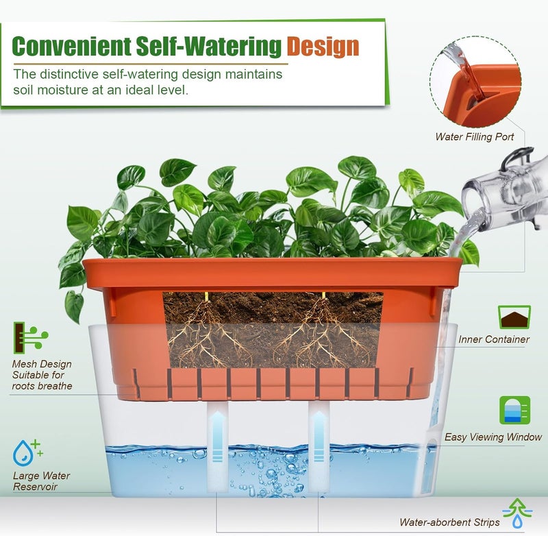 OurWarm صندوق زراعة الأعشاب على حافة النافذة، مجموعة من 3 أصص نباتات ذاتية السقي، أصيص زراعة مستطيل بطول 10.5 بوصة، أصص زهور زخرفية للنباتات الداخلية، الأعشاب، الخضروات، الزهور (3 ألوان) - Image 2