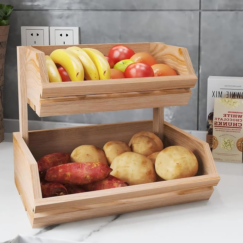 ABTRIX WITH AB Solid Pine Wood Fruit Basket 2Tier Brown Bamboo 28x33x23 cm - Image 3
