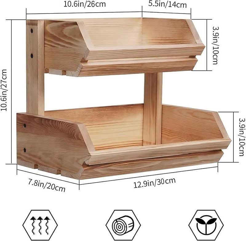 ABTRIX WITH AB Solid Pine Wood Fruit Basket 2Tier Brown Bamboo 28x33x23 cm - Image 2