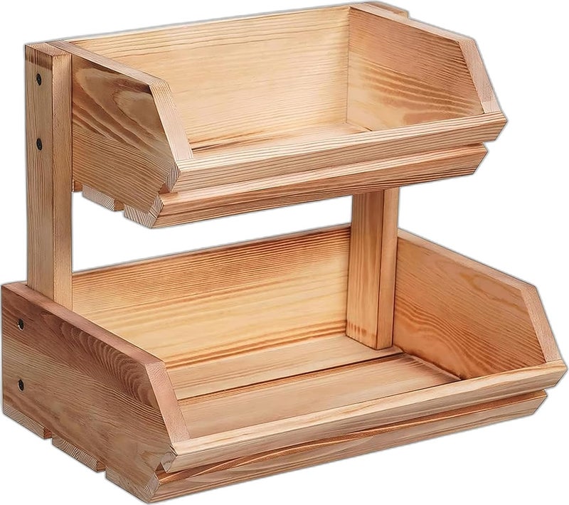 ABTRIX WITH AB Solid Pine Wood Fruit Basket 2Tier Brown Bamboo 28x33x23 cm - Image 1