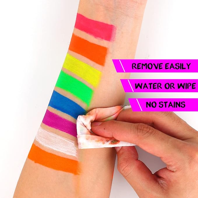 مجموعة طلاء الجسم المتلألئ UV من Bowitzki 8 × 30 مل طلاء وجه 1 أونصة يتلألأ في الظلام مجموعة مكياج تحت الضوء الأسود طلاء وجه فلوريسنت للبالغين والأطفال لمهرجانات الموسيقى والحفلات والهالوين وعيد الميلاد