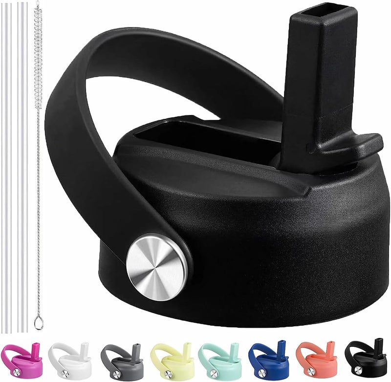 FLORAPELL Straw Lid for Hydro Flask Wide Mouth 32 40 64 oz, BPA Free Top Replacement, Cap with Flex Handle Fits Hydroflask Kids 12 16 20 Ounce Bottles, Leak-proof Sports Bottle Accessories, Black - Image 1