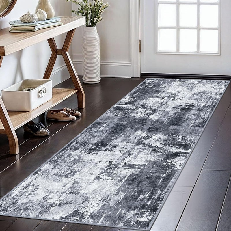 KOZYFLY Modern Abstract Runner Rug 2x6 Washable Grey/Black/Black Runners for Hallways Kitchen Runner Rug Non Slip Carpet Rug Runner Laundry Mat with Soft Low Pile for Entryway Bathroom Bedroom Kitchen - Image 1