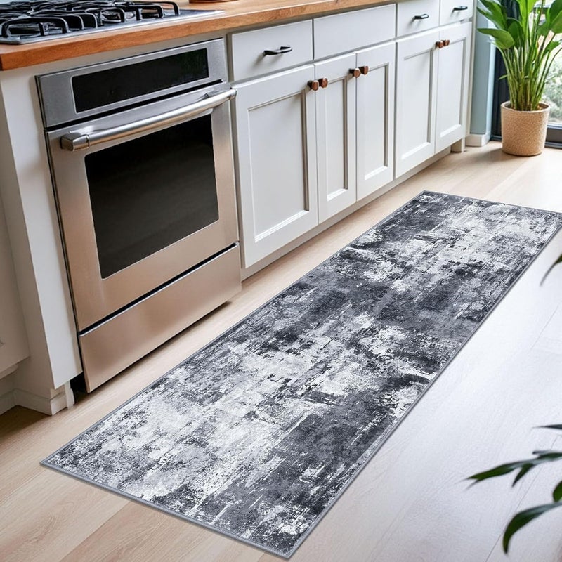 KOZYFLY Modern Abstract Runner Rug 2x6 Washable Grey/Black/Black Runners for Hallways Kitchen Runner Rug Non Slip Carpet Rug Runner Laundry Mat with Soft Low Pile for Entryway Bathroom Bedroom Kitchen - Image 3