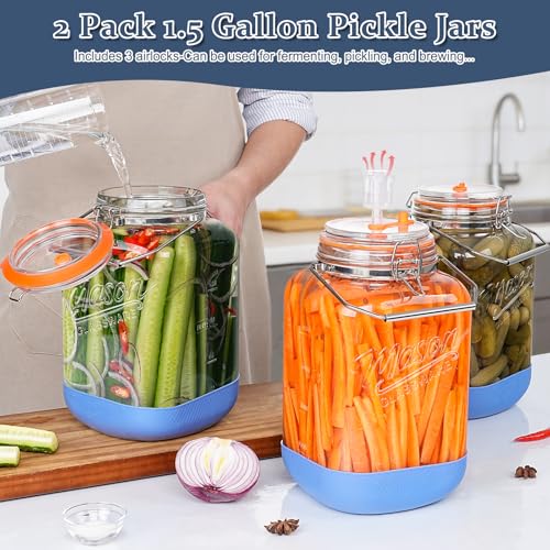 Folinstall 2 Pack 1.5 Gallon Large Fermentation Jar with 3 Airlock, Stainless Steel Handle, Non-Slip Silicone Base, Wide Mouth Glass Jars with Scale Mark - Pickle Jars for Sauerkraut, Sourdough Starter - Image 2