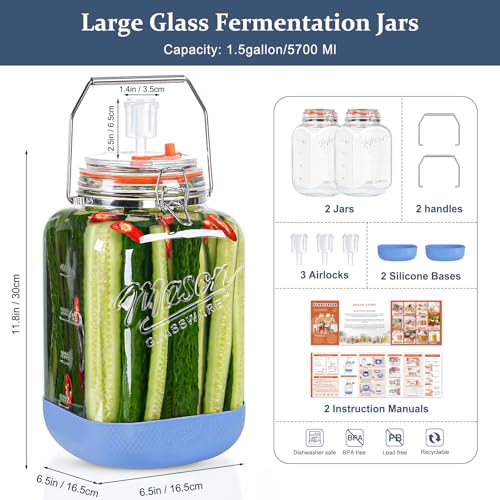 Folinstall 2 Pack 1.5 Gallon Large Fermentation Jar with 3 Airlock, Stainless Steel Handle, Non-Slip Silicone Base, Wide Mouth Glass Jars with Scale Mark - Pickle Jars for Sauerkraut, Sourdough Starter - Image 4